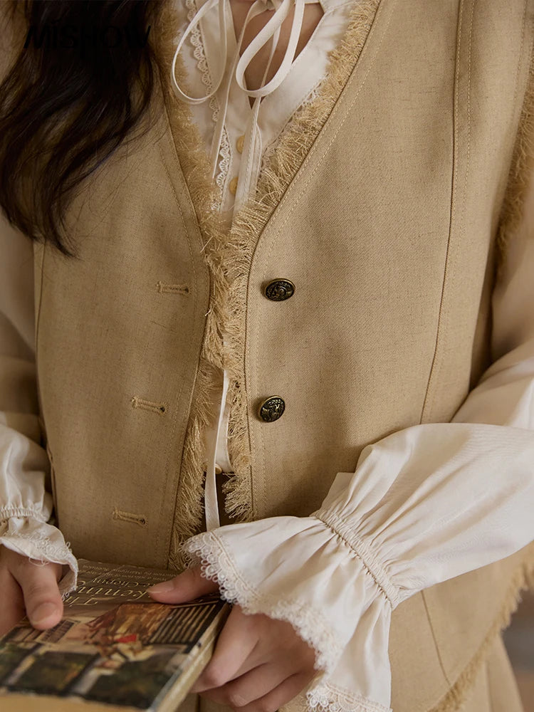 MISHOW Khaki Rough Selvedge Vest Coat Pleated Skirt Two-piece Set 2025 Autumn Women Linen Blend Retro Set Office Lady MXE41T0690