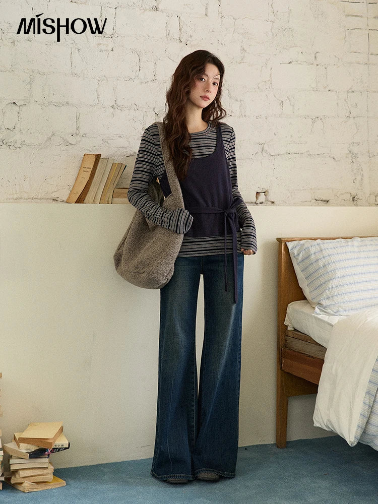 MISHOW Women's Two-Piece Set, 2025 Winter New Retro Casual Round Neck Long Sleeve Striped Top with Tie-Waist Camisole MXE87T1430