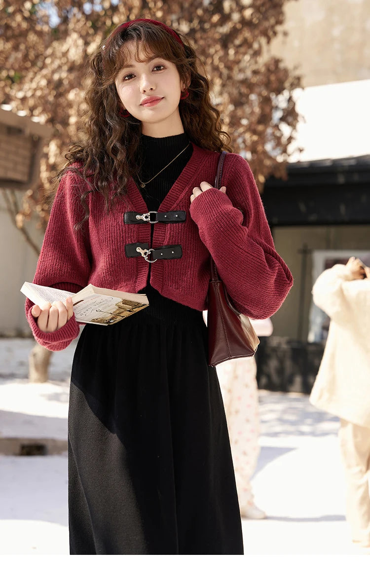MISHOW Knitted Dress Solid Cardigan Separately Women Winter V Neck Sweater Midi A-line High Waist Dress Short Tops MXC59L1646