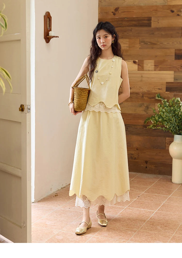 MISHOW Set 2 Piece 2025 Summer Women's O-Neck Lace Patchwork Sleeveless Top Elastic Waist Midi Skirt Elegnat Set MXE36T0641