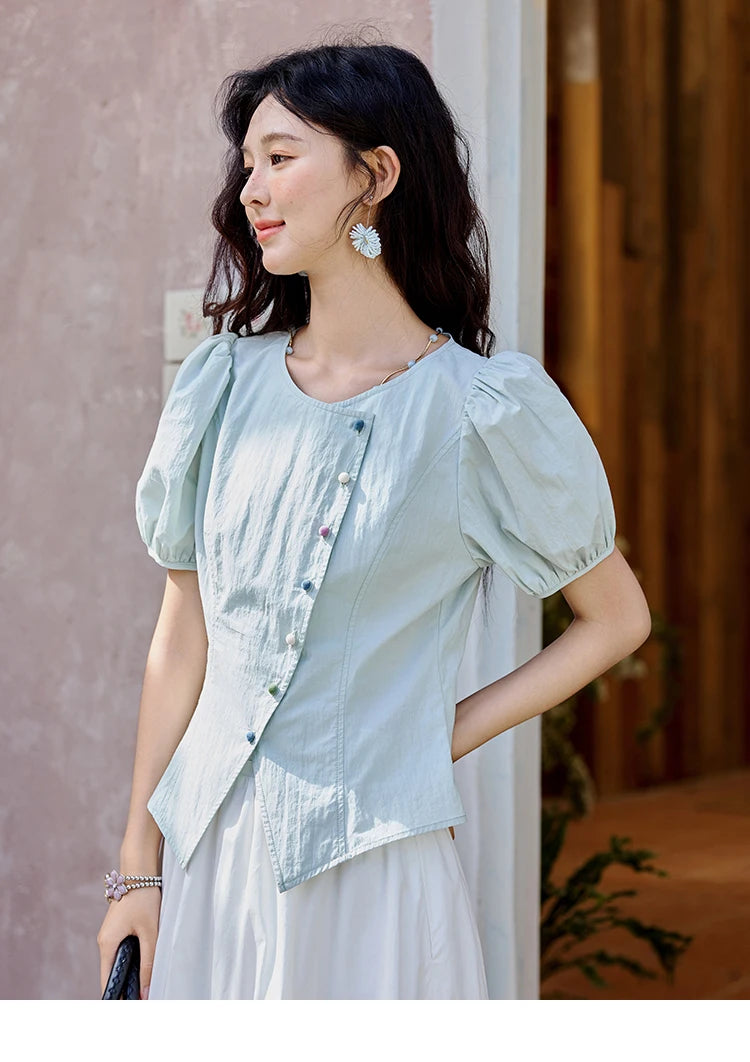 MISHOW Bubble Sleeves  Blouses for Women Summer 2025 Irregular Placket Tops Rainbow Button Solid Blouse Office Lady MXE34X1782