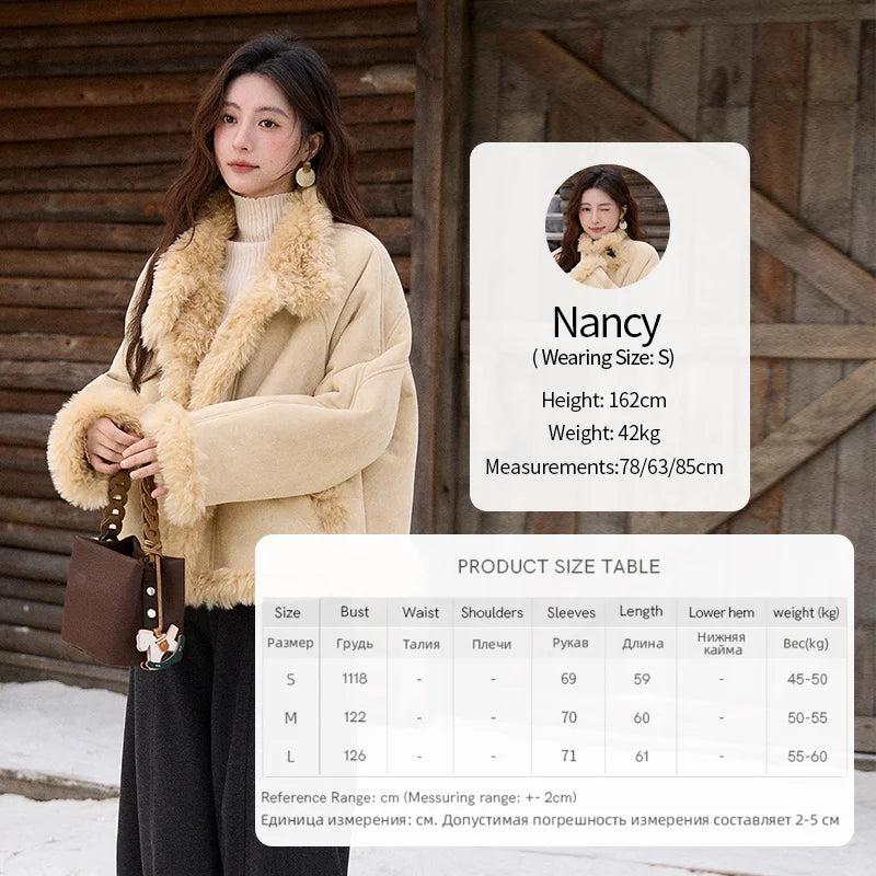 MISHOW Woman Yellow Jacket 2025 Warm Stand-up Collar Suede Coat Winter Shearling and Fur Trim Loose Thickened Coat MXE92W1017