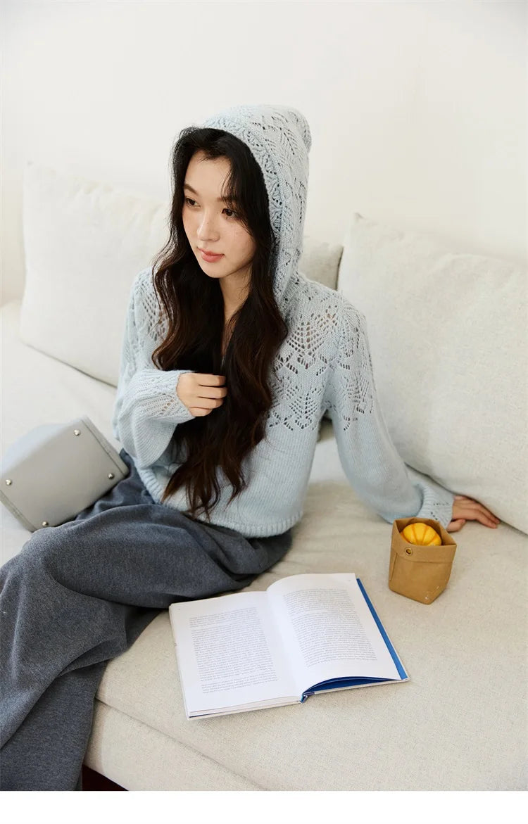 MISHOW Women's Autumn Cardigan 2025 New Loose Blue Hollow Knitted Cardigan Commute Hooded Short Zipper Sweater MXE46Z2584