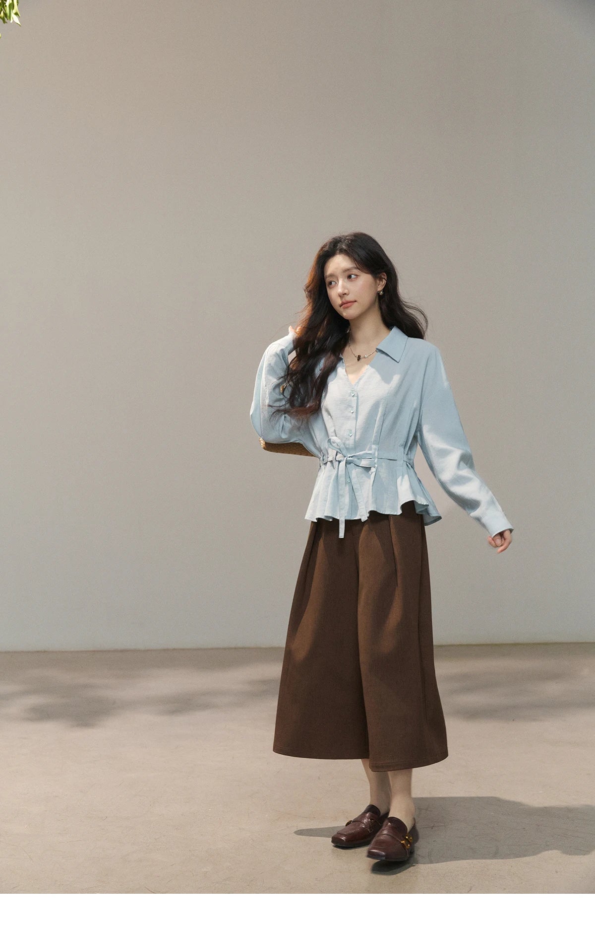 MISHOW Women's Light Blue Lyocell Shirt 2026 Spring Polo Neck V-neck Belted Waist Shirt Casual Peplum Long Sleeve Top MXF13C2437