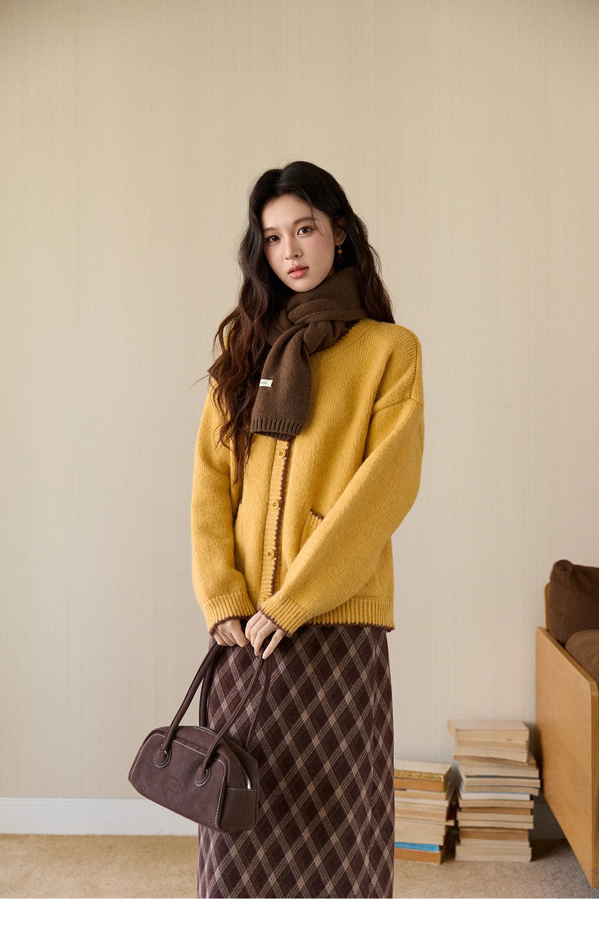 MISHOW Women's Yellow Knitted Cardigan 2025 Autumn Winter Color Collision Edge Sweater Pockets Loose Warm Casual Tops MXE94Z2973