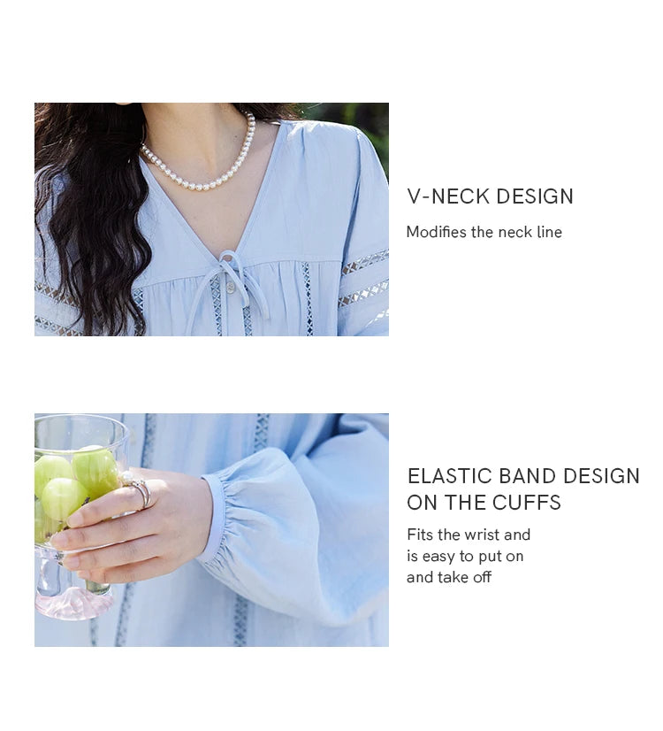 MISHOW French Sweet Loose Blue Shirt for Women 2025 Spring Summer V-neck Lace-up Hollow Doll Shirt Lantern Sleeve Top MXE12C0411