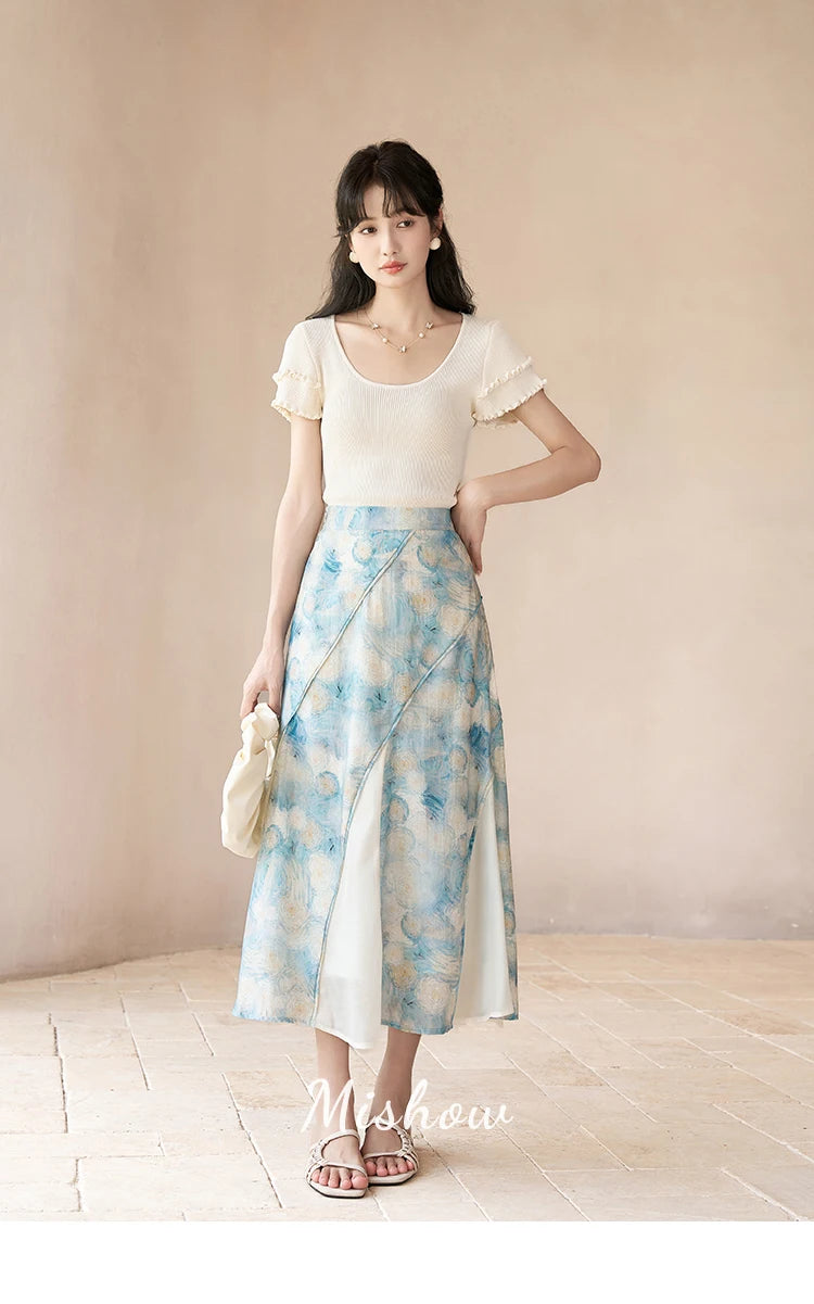 MISHOW French Skirts of Women Fashion 2023 [Van Gogh Collection] Art Pleated High Waist Slim Fit Female A-LINE Skirts MXC39B0095