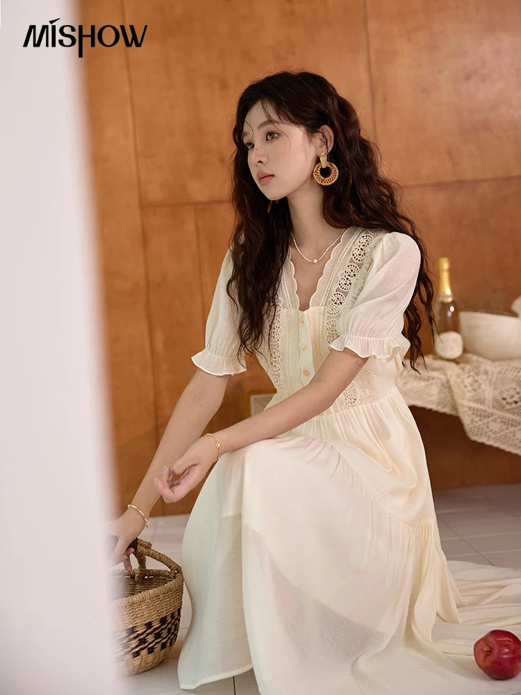 MISHOW Women's French Hollowed Out Embroidery Dress 2024 Summer Elegant Slim Fairycore Dress Waist Mid Length Dresses MXD31L1981