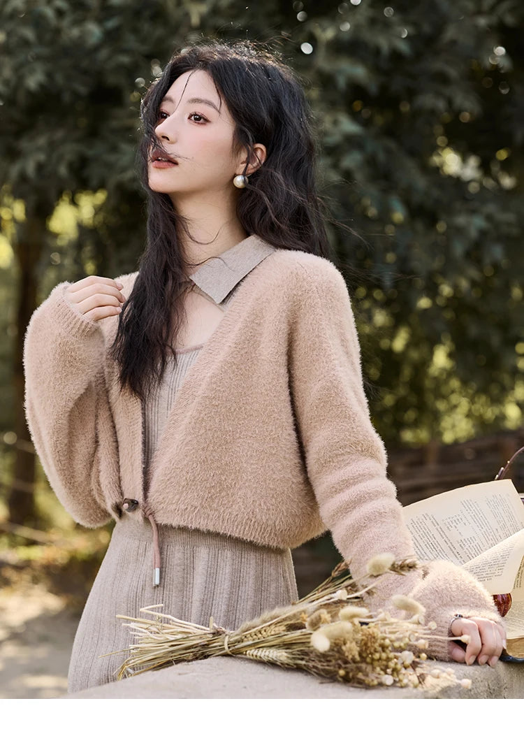 MISHOW Women’s Sweater Top Dress Separately 2024 Fall Winter Fashion Imitation Mink Fur Sweet Coat Knitted Dress MXD45L2043