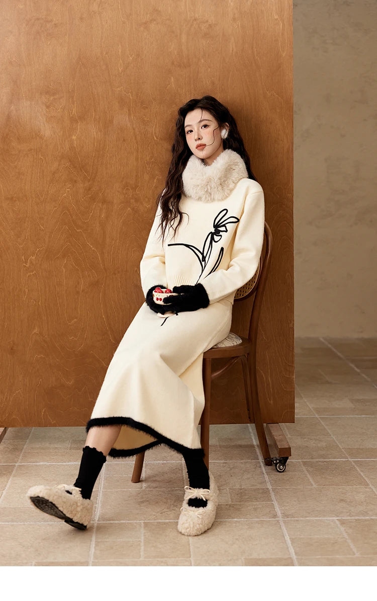 MISHOW French Skirt Sets Embroidery Spliced Contrast Color Two Piece Sets Women High Waist Midi Skirt Knitted Tops MXD57T0463