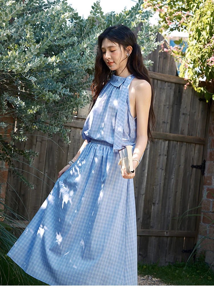 MISHOW Women's 2 Piece Set 2025 Summer Female Vacation Fashion Plaid Hanging Neck Button Top A-line Half Skirt Set MXE39T0711