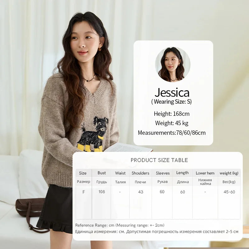 MISHOW Women's Long Sleeve Pullovers 2025 Autumn Winter New Puppy Embroidery Loose Casual V Neck Knit Sweater Luxury  MXE48Z2570