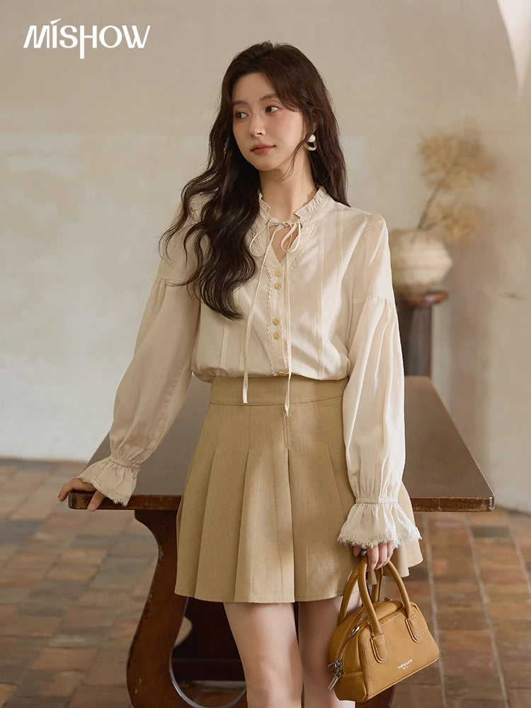 MISHOW French 100% Lyocell Apricot Shirt 2025 Autumn Flared Sleeves Lace Edges Shirts V-neck Slim Top Office Lady MXE41C2351