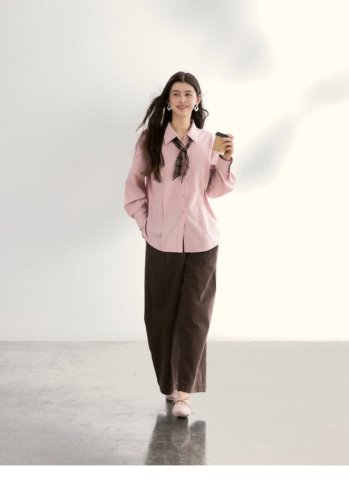 MISHOW Women's Casual Loose Shirt with Plaid Scarf 2026 Spring Lapel Tops Versatile Long Sleeve Shirts Office Lady MXF108C0815