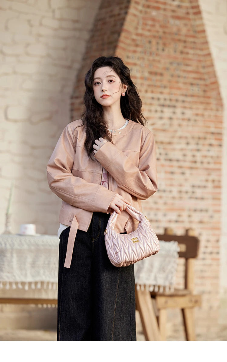 MISHOW Fashion Pink Leather Jacket Women's Spring 2025 New Shoulder Long Sleeved Slim Fit Leisure Tops Coat Female MXE11W0714