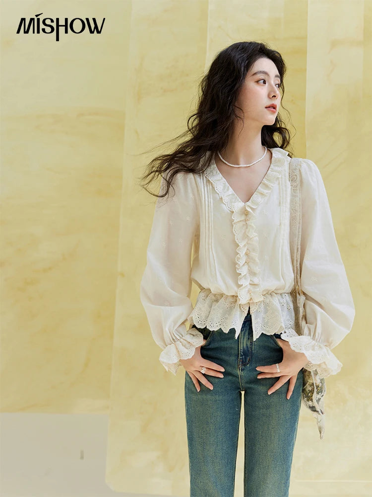MISHOW Spring New French Shirts for Woman 2025 Long Sleeve V-neck Solid Loose Blouses Women Fashion Versatile Tops MXE14X1732