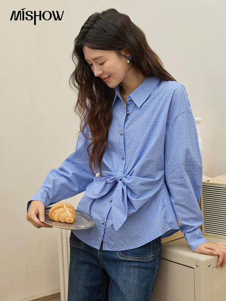 MISHOW Blue Plaid 100 Cotton Shirt Autumn 2025 Bow Tie Waist Matte Silver Butto Shirts Lapel Dropped Sleeved Tops MXE44C2395