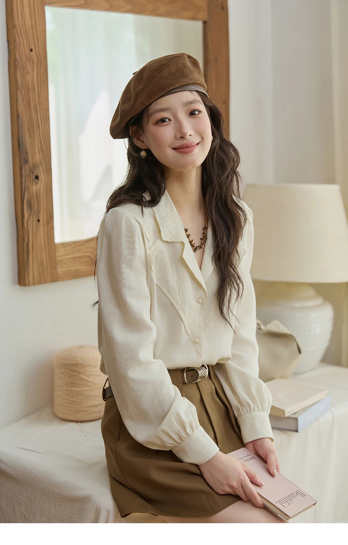 MISHOW Women's Casual Shirts 2025 Autumn Apricot Retro Lace V-neck Top Long Sleeve Lightweight Shirts Women Clothing MXE45X2486