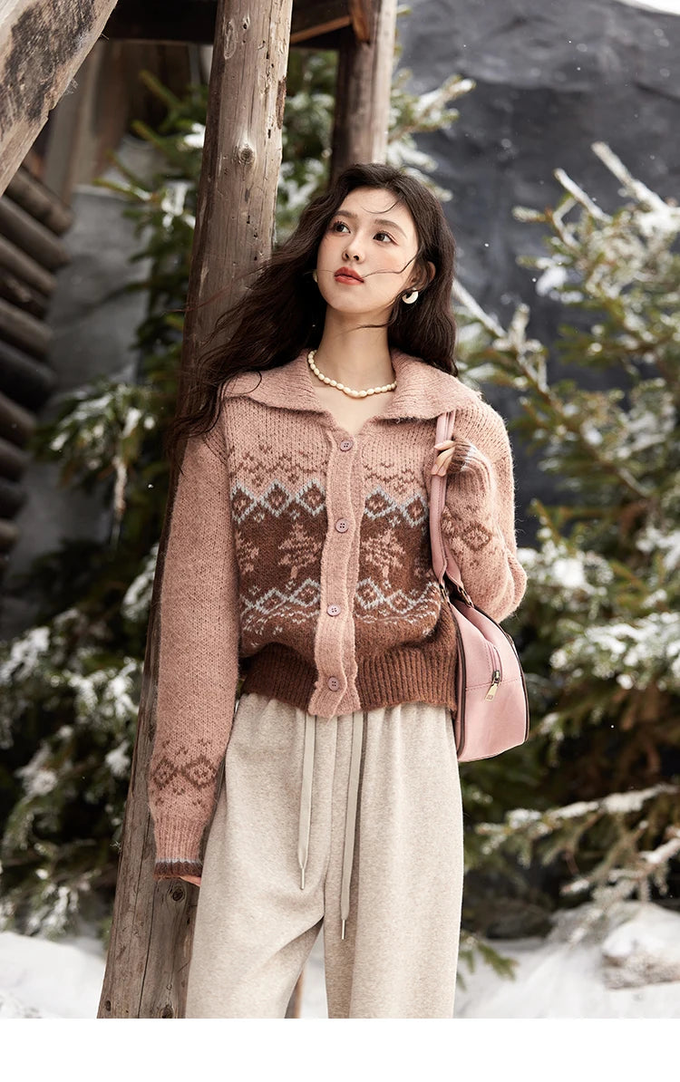 MISHOW Fair Isle Knitting Sweater Christmas Retro Cardigan Women Temperament Turn Down Collar Soft Warm Knitted Coat MXD58Z1036