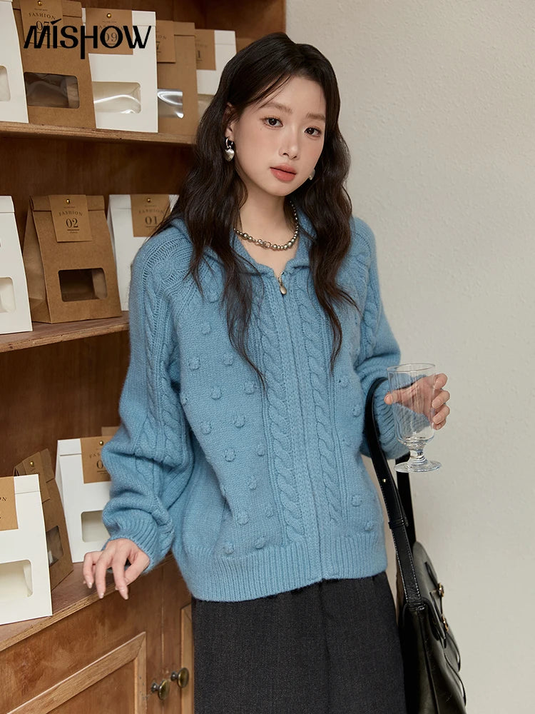 MISHOW Zipper Knit Cardigan Women 2025 Winter Yellow Turn-down Collar Loose Thick Sweater Luxury Comfort Casual Top MXE49Z2619