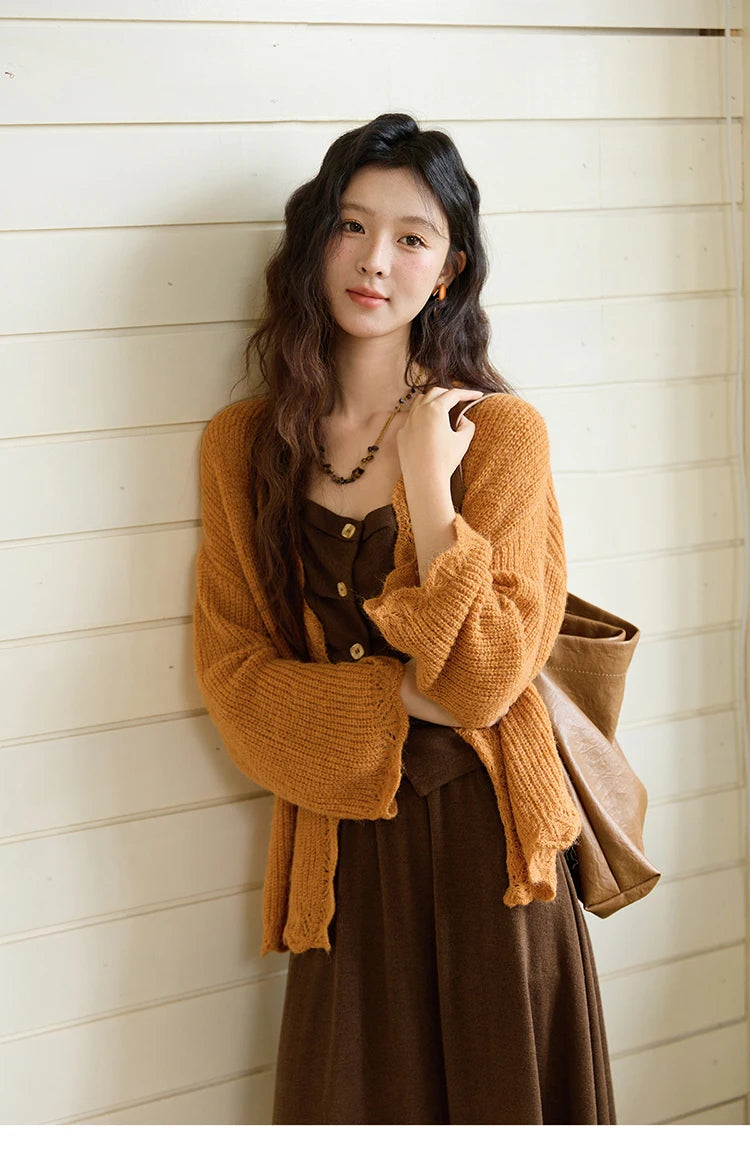 MISHOW Pumpkin Knitted Cardigan for Women Autumn 2025 Loose Wavy Edge Sweater Hollow Out Dropped Sleeves Cardigans MXE46Z2505