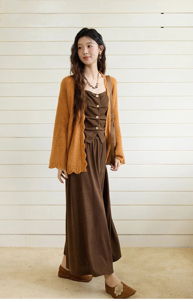 MISHOW Pumpkin Knitted Cardigan for Women Autumn 2025 Loose Wavy Edge Sweater Hollow Out Dropped Sleeves Cardigans MXE46Z2505