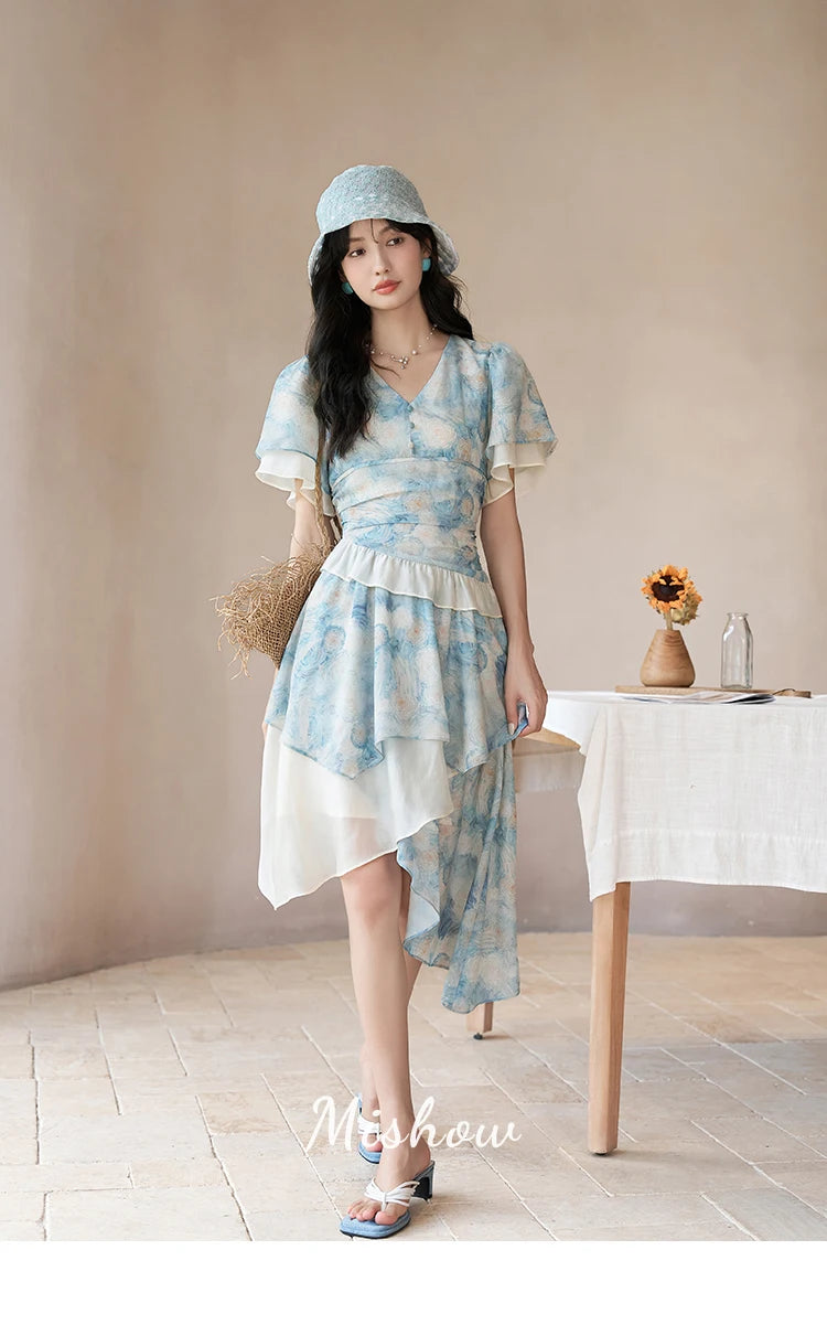 MISHOW [Van Gogh Collection] Fairycore Dresses 2025 Summer Double Layer Sleeves Asymmetrical V-Neck Printing Dress MXC39L1527