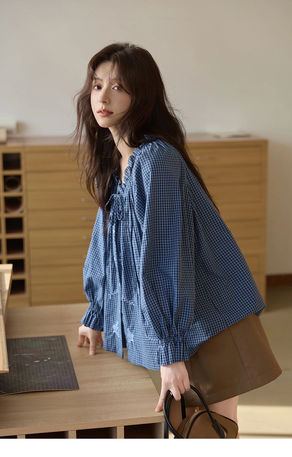 MISHOW Blue Plaid Embroidered Shirt Autumn 2025 Black Fungus Edge Collar Lace-up Doll Shirt 100cotton Loose Retro Top MXE44X2467