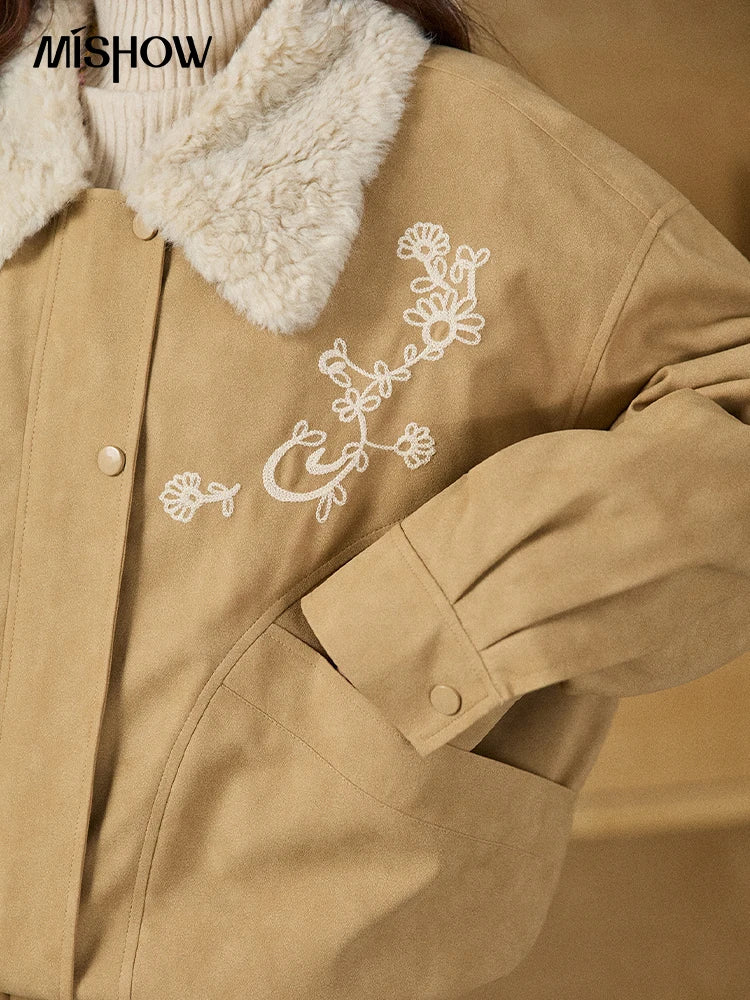 MISHOW Women's Floral Embroidered Jacket 2025 Winter French Style Yellow Plush Lapel Zip-up Coat Loose Warm Jacket MXE87W0932
