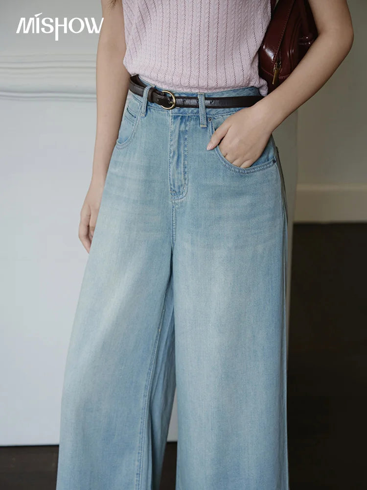 MISHOW Women Flower Embroidery Wide Leg Pants 2025 Summer Office Lady Fashion High Waist Slim Jeans Female Clothing MXE37K0991