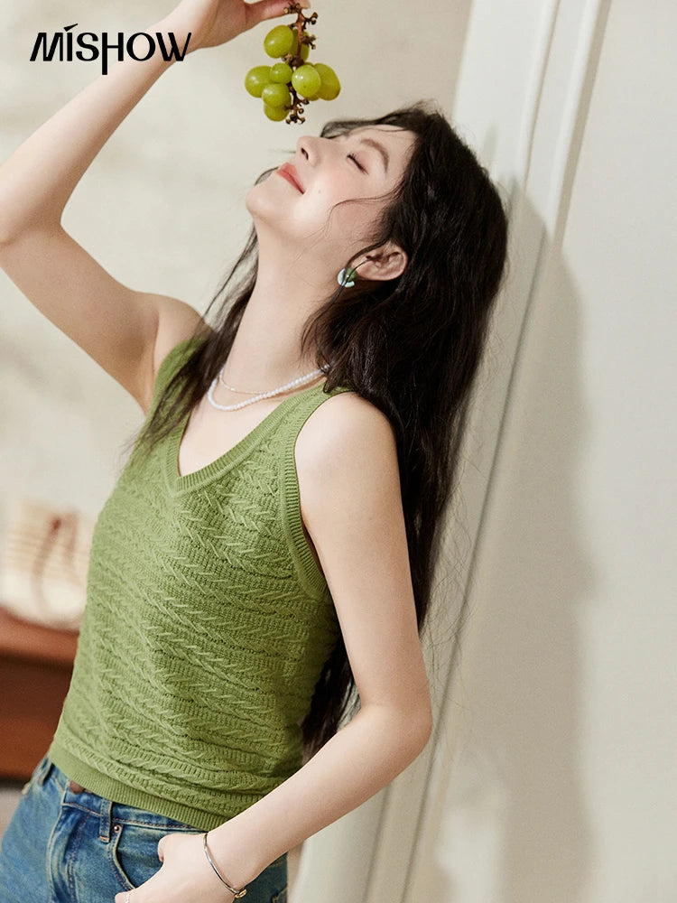 MISHOW Avocado Green Knitted Cardigan Vest Separately Spring Metal Single Breasted Button Top Crochet U-neck Camisole MXE11Z1188