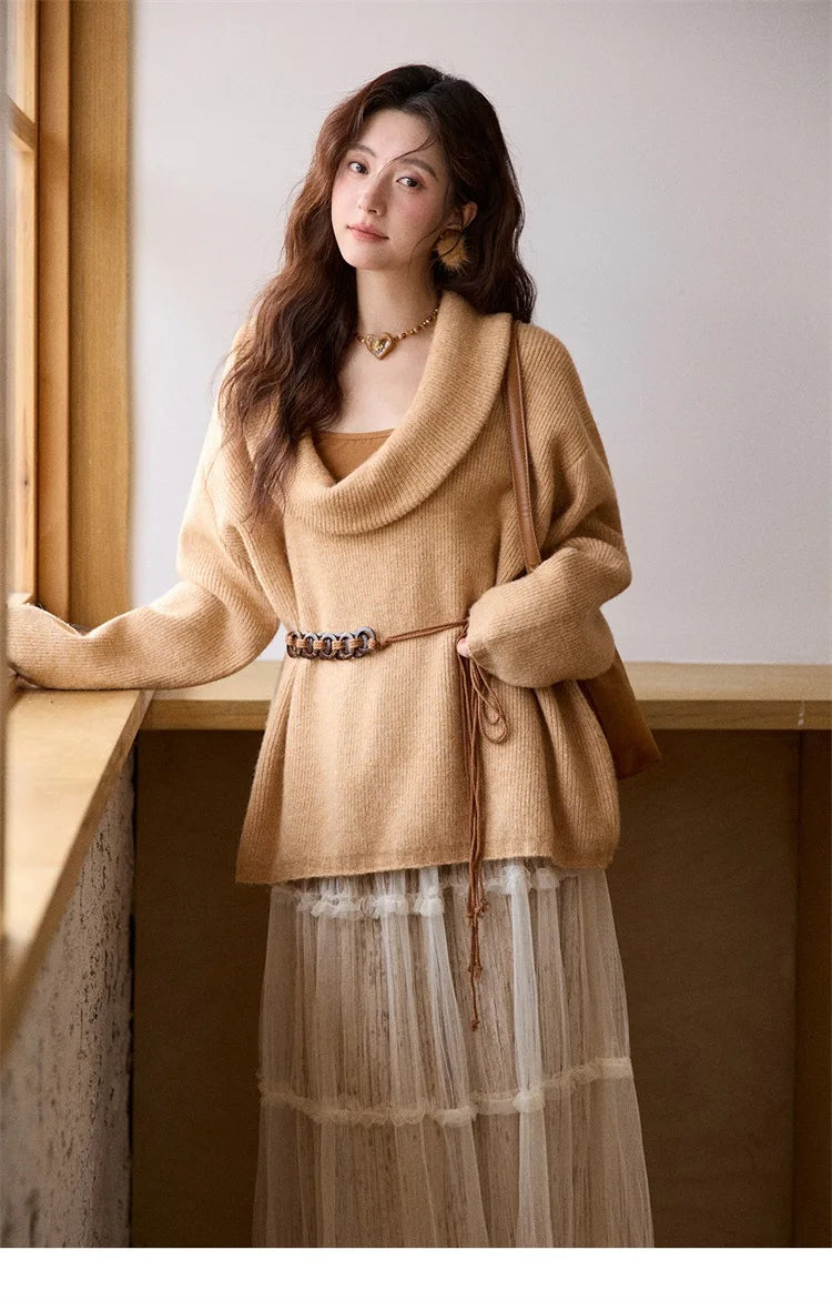MISHOW Women's Orange Sweater 2025 Winter French Style Luxury Loose Long-sleeved Sweater Vest Belt Three-piece Set  MXE86T1437