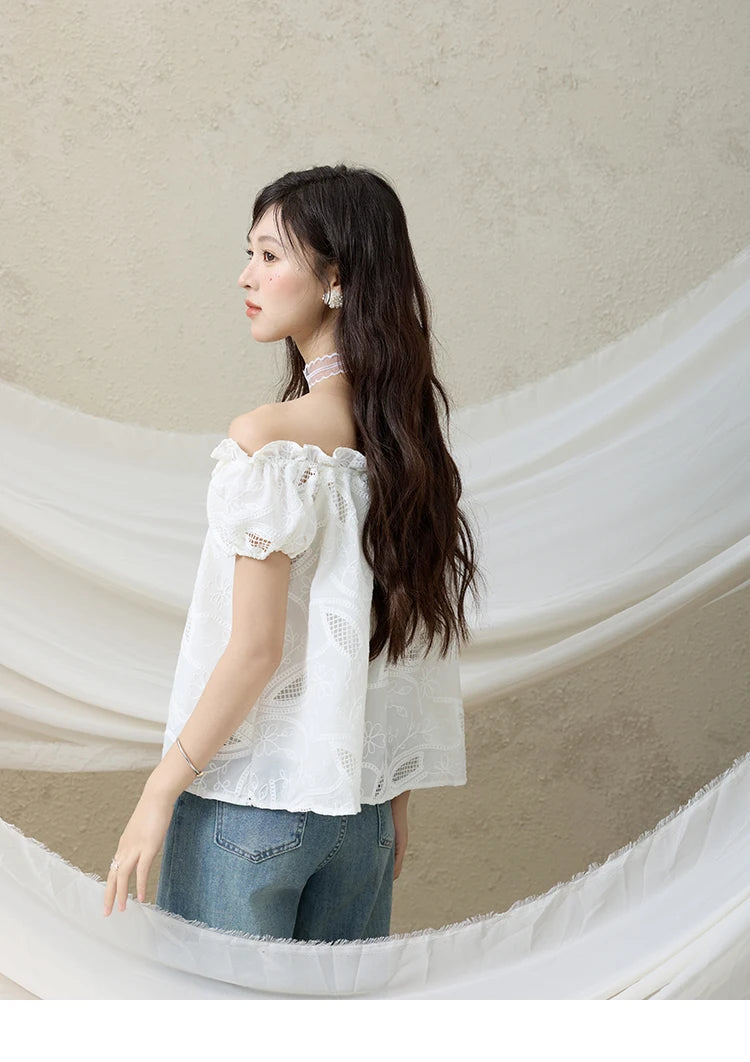 MISHOW French Summer Shirts Women New 2025 Slash Neck Short Sleeve Solid Lace Blouses Female Fashion Slim Tops Lady MXE35X1775