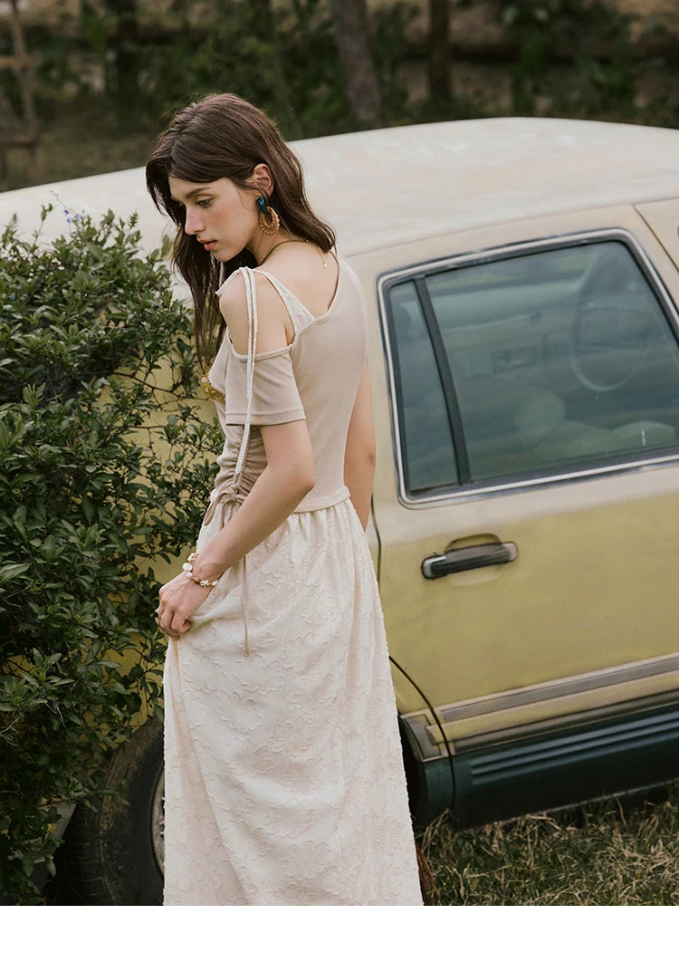 MISHOW Holiday Summer Dresses Women New 2025 Short Sleeve Off-shoulder Knitted Patchwork Midi Dress Female Slimming MXE33L2207