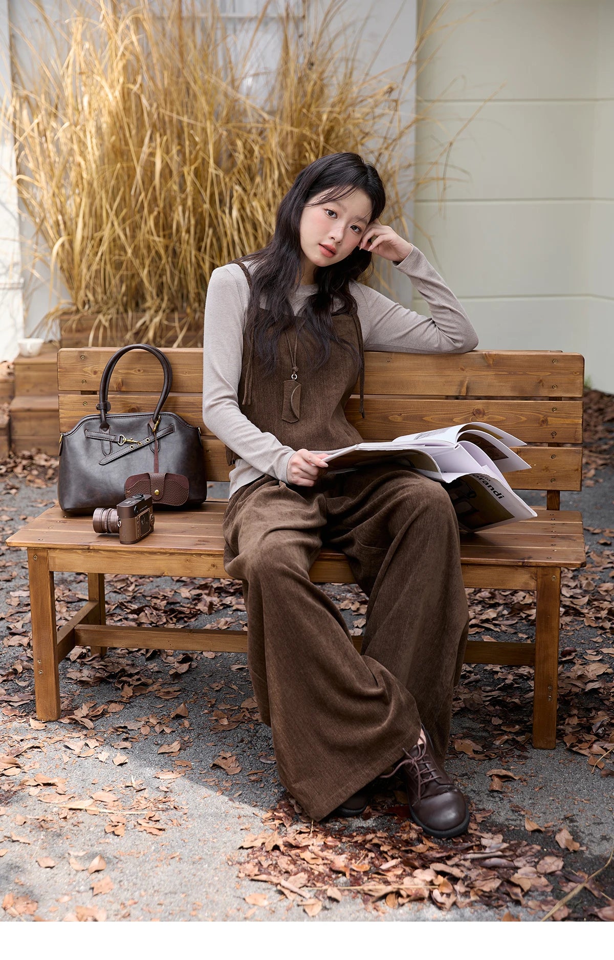 MISHOW Three-piece Suit Women 2025 Retro Brown Vest Wide-leg Pants Gray Long Sleeves Tops Autumn Women's Pants Set MXE49T1422