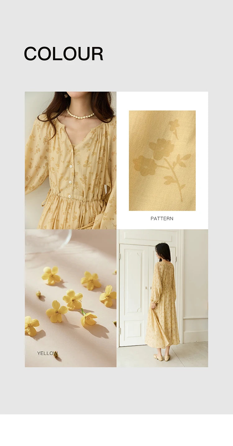 MISHOW Yellow Printing Dress for Woman 2025 Autumn Elegant Lace Lantern Sleeve Waist Slim Long Dress V-neck Dress MXE47L2527