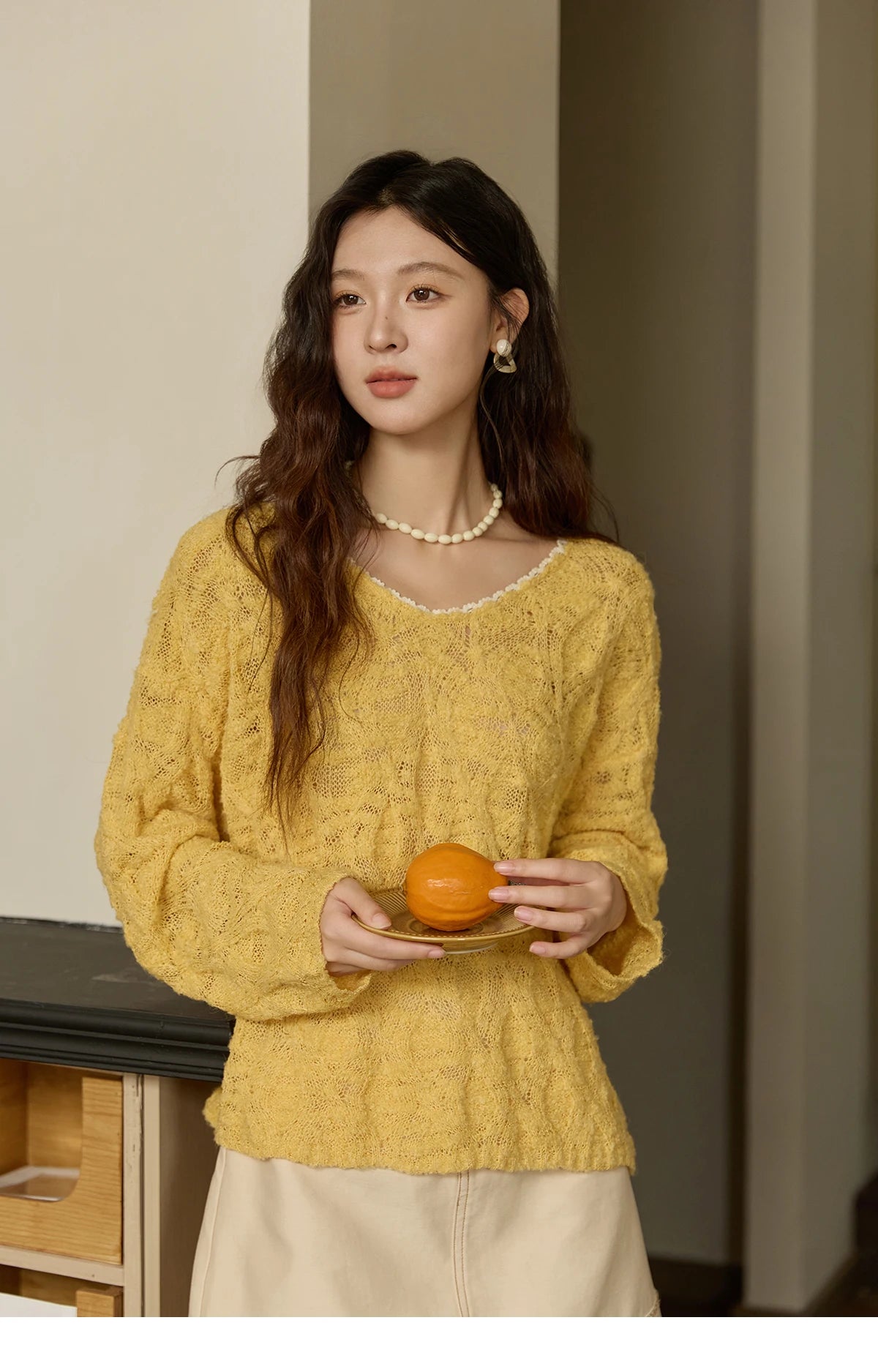 MISHOW Bamboo Loop Yarn Knitted Sweater for Women Autumn 2025 Hollow V-neck Lace Sweater Casual Solid Pullovers Tops MXE43Z1349