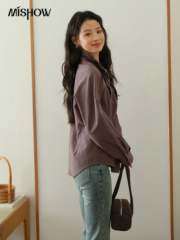 MISHOW Ash Purple Shirt Curved Hem Ribbon Neck Slim MXE42C2383