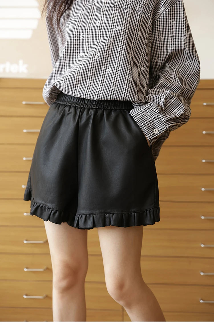 Mishow PU Leather High Waist Ruffle Hem Shorts MXE42K1068