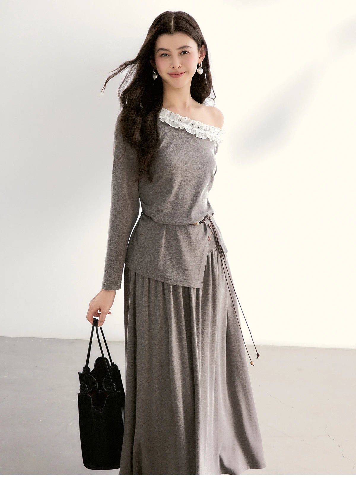 MISHOW Women's Grey Irregular Top Elastic Waist Skirt Two-Piece Set Spring Off-Shoulder Lace Trim Top Maxi Skirt Set MXF13T1479