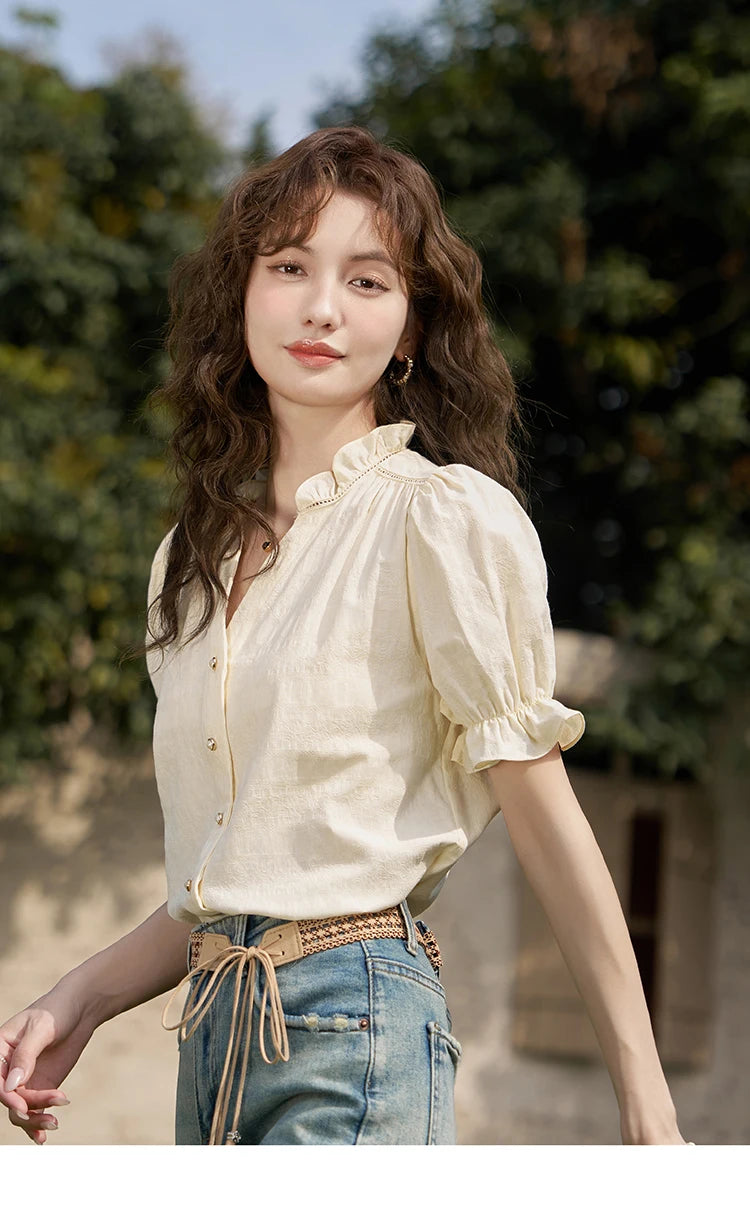 MISHOW Suspender Denim Dress Paired Blouse Separately 2024 Summer V Neck Puff Sleeve Top Back Elastic Waist Dress MXD21L1664
