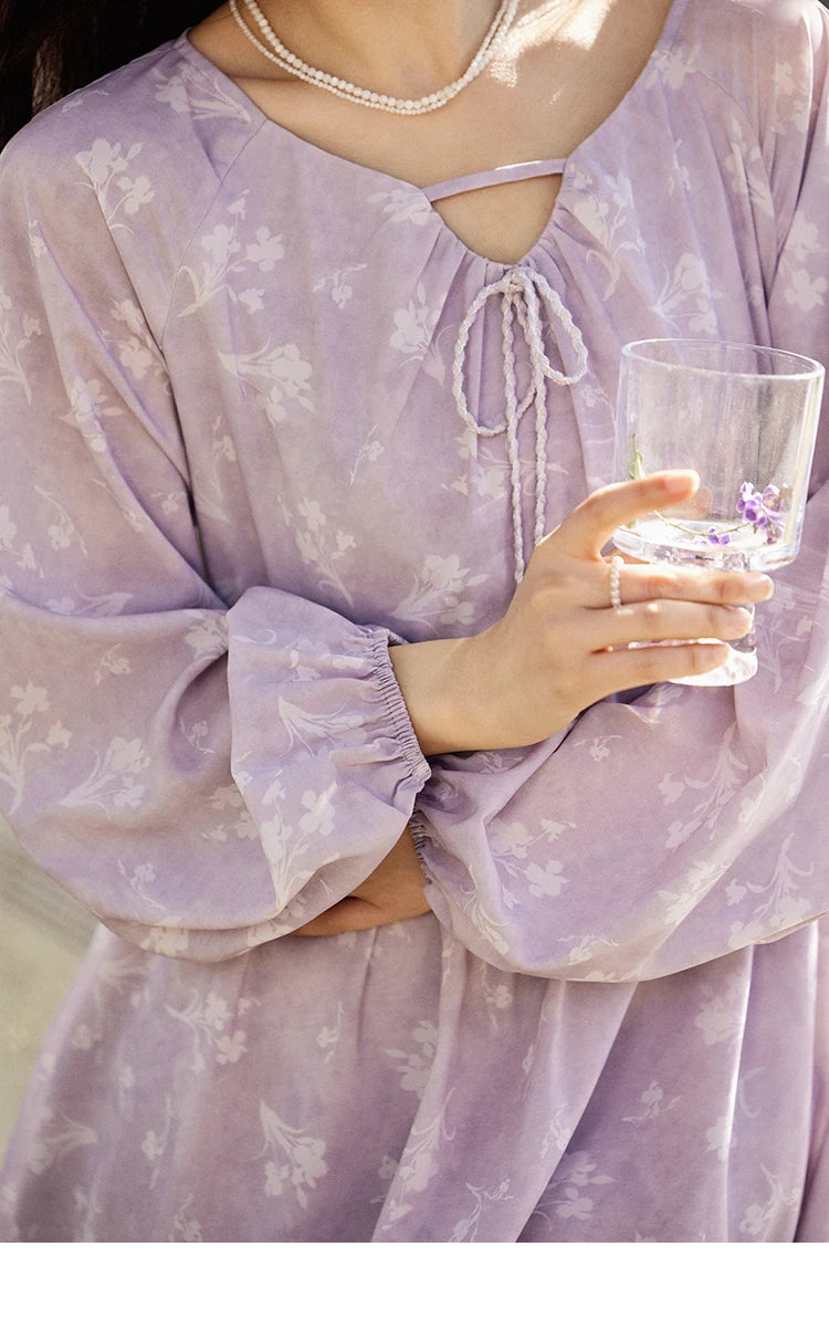 MISHOW Iris Chiffon Dress for Women Spring 2025 Waist Slim Black Fungus Edge Straps Dresses Purple Floral Fairy Dress MXE13L2095