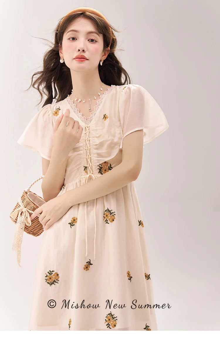 MISHOW [Van Gogh/Sunflower Collection] Embroidered Dress 2023 Summer Sweet Butterfly Sleeve V Neck Lace Splice Dress MXC39L1524