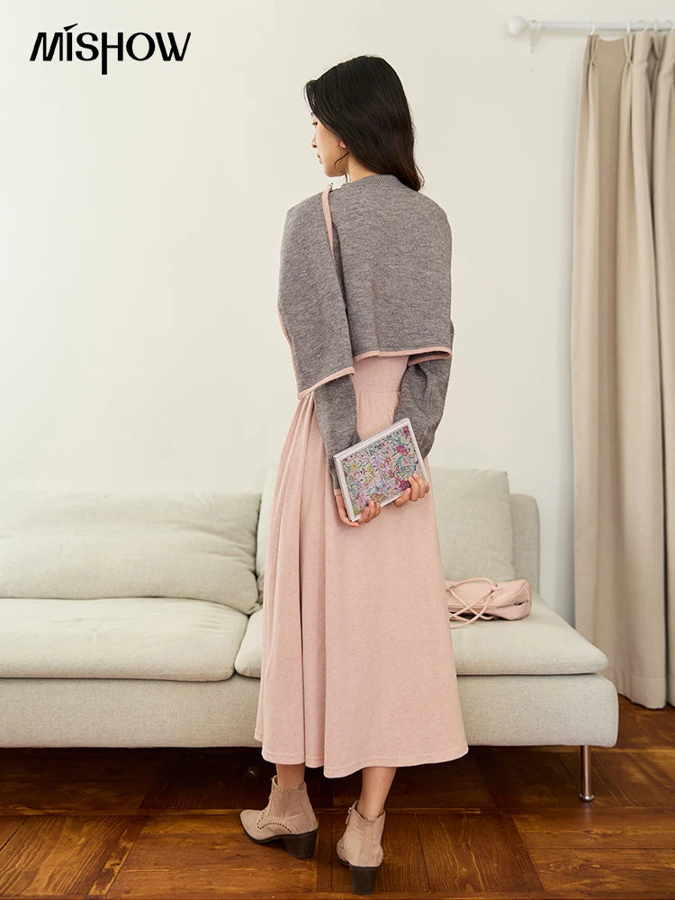 MISHOW  Women's Knitted Suit 2025 Autumn Sweet Style Irregular Round Neck Top Pink Suspender Dress Slim Two-piece SuitMXE49T1397