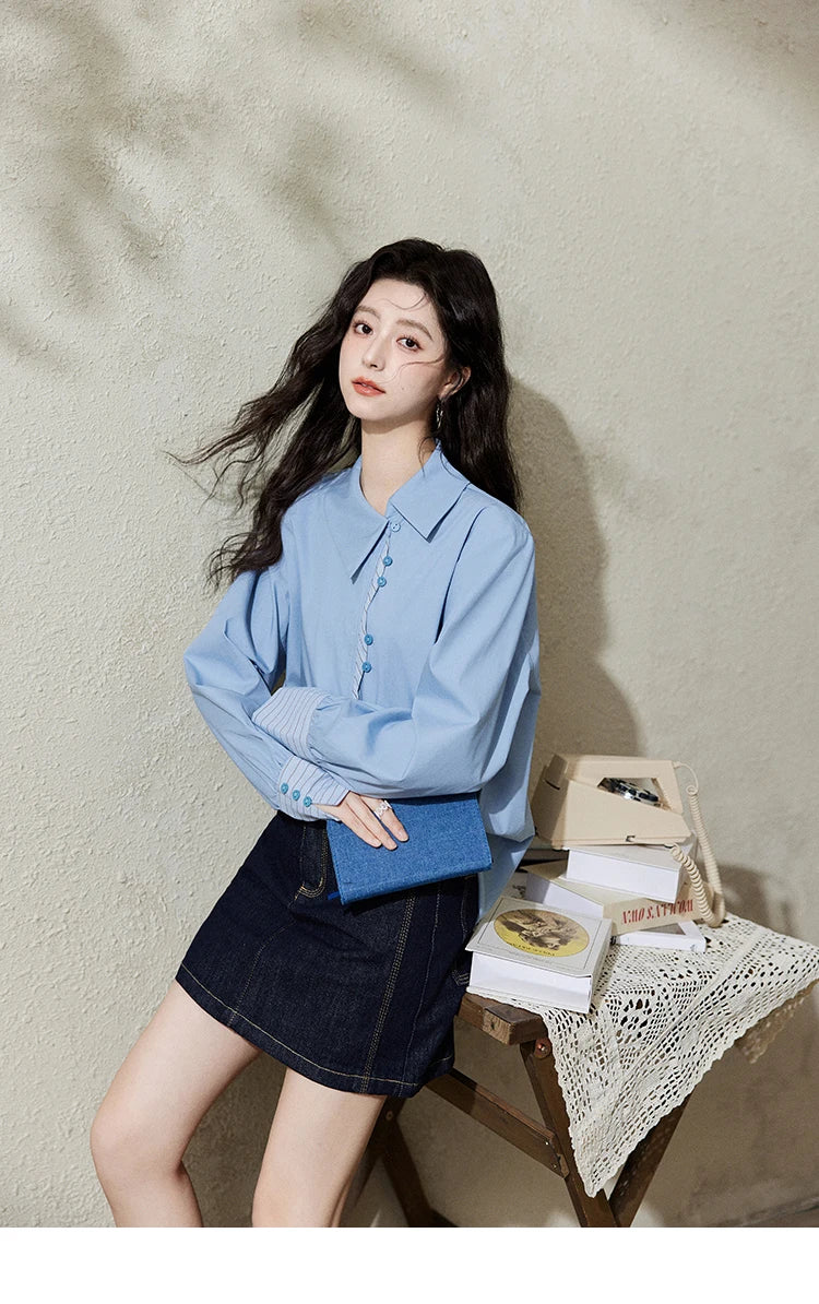 MISHOW Striped Patchwork Shirt for Women Spring 2025 Irregular Single Breasted Buckle Shirts Lapel Tops Office Lady MXE12C0412