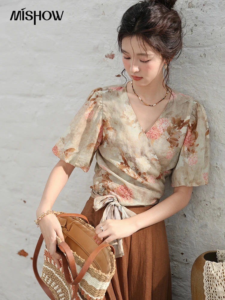 MISHOW French V-neck Floral Tops 2024 Summer Retro Short Sleeved Blouses Female Puff Sleeve Hem Strap One Piece Top MXD28X1619