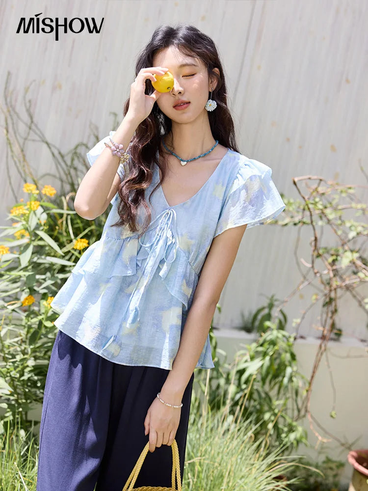 MISHOW Blue Double-layer Ruffled Linen V-neck Blouse for Women Summer 2025 Slim Flying Sleeve Breathable Lace-up Tops MXE33X1819