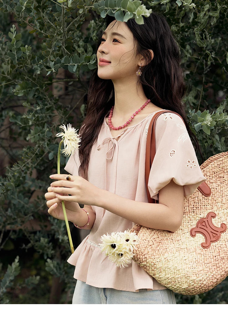 MISHOW French Summer Blouse Women 2025 Short Puff Sleeve Round Neck Solid Hollow Embroidery Shirts Woman Holiday Thin MXE31X1747