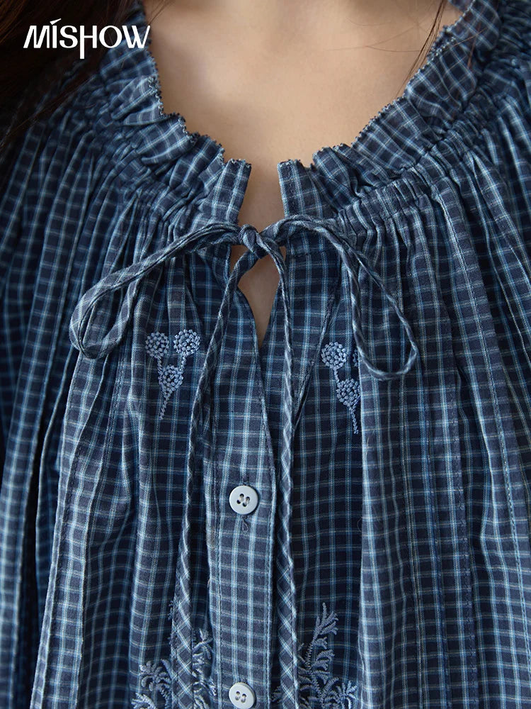 MISHOW Blue Plaid Embroidered Shirt Autumn 2025 Black Fungus Edge Collar Lace-up Doll Shirt 100cotton Loose Retro Top MXE44X2467