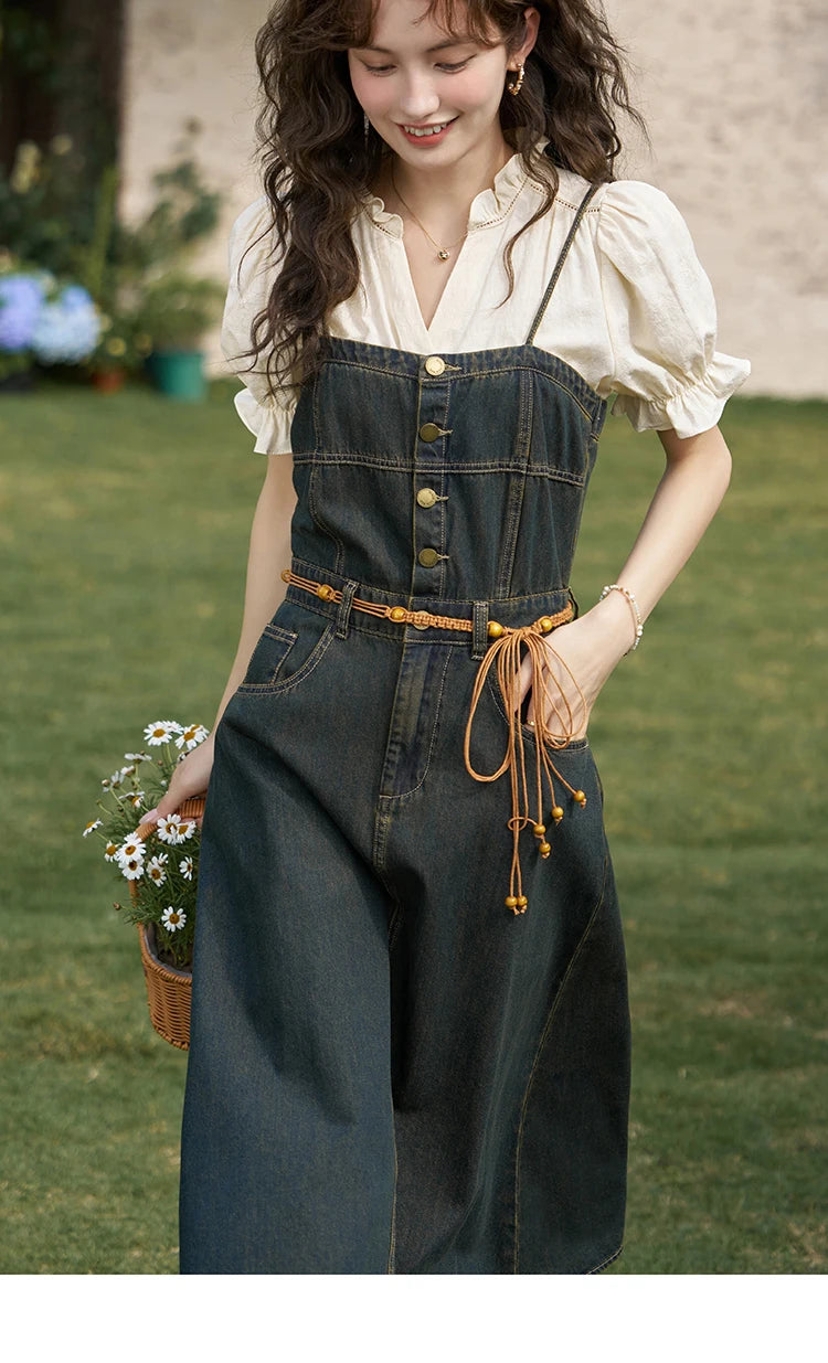 MISHOW Suspender Denim Dress Paired Blouse Separately 2024 Summer V Neck Puff Sleeve Top Back Elastic Waist Dress MXD21L1664